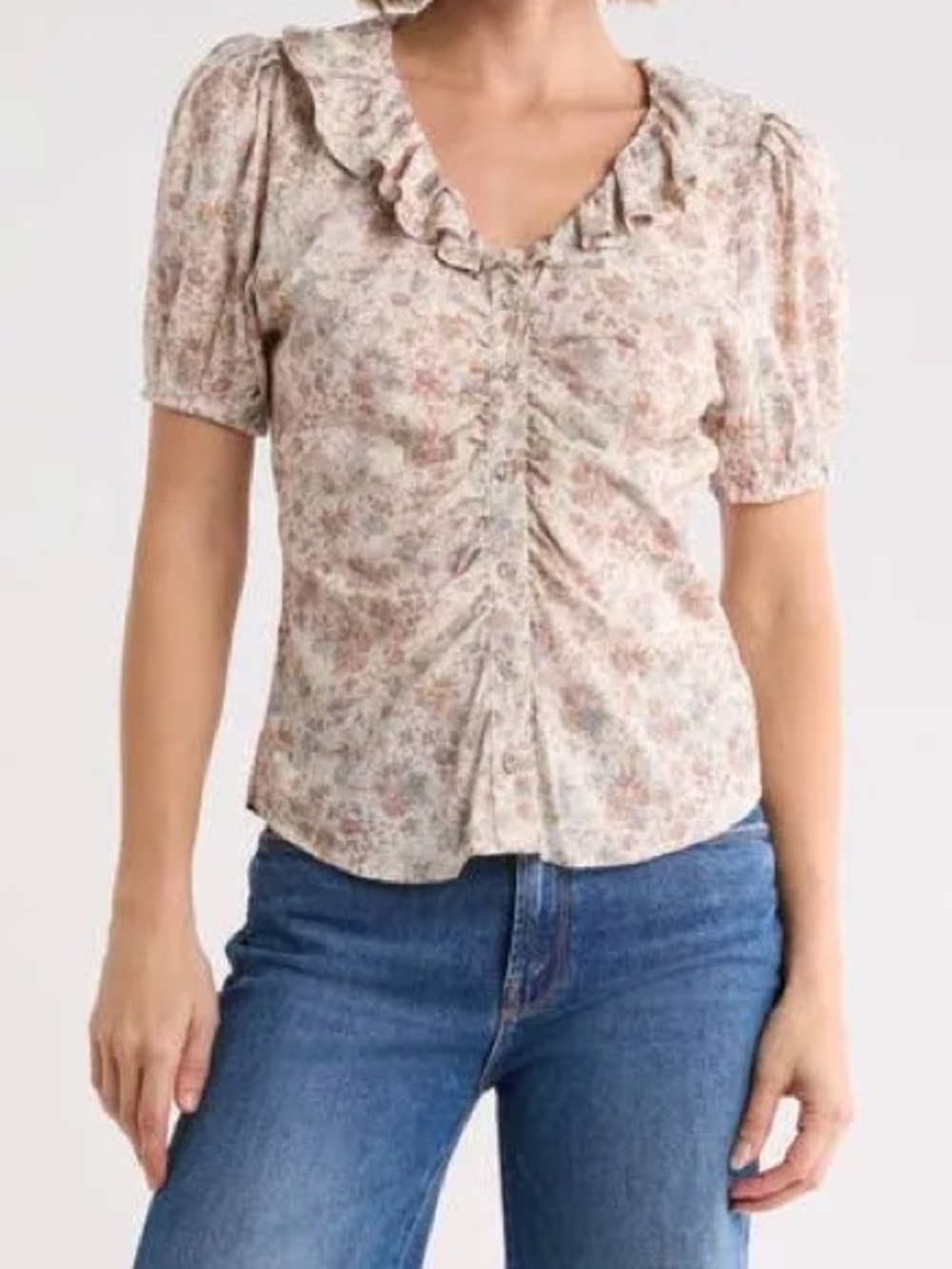 Joie Cream Floral Ruffle V‑Neck Button Blouse